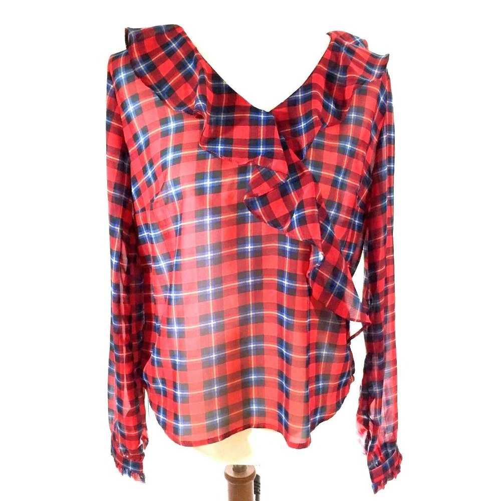 Mixed Threads Ruffled Front Top Small Red Plaid